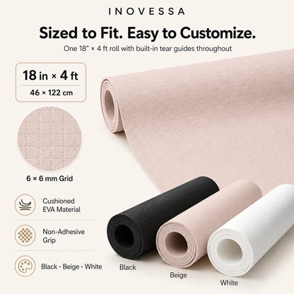 Inovessa custom-fit EVA floor mat rolls shown in black, beige, and white, with a large beige roll displayed diagonally and feature callouts including size 18 in x 4 ft, cushioned EVA material, non-adhesive grip, and a 6 x 6 mm grid texture.