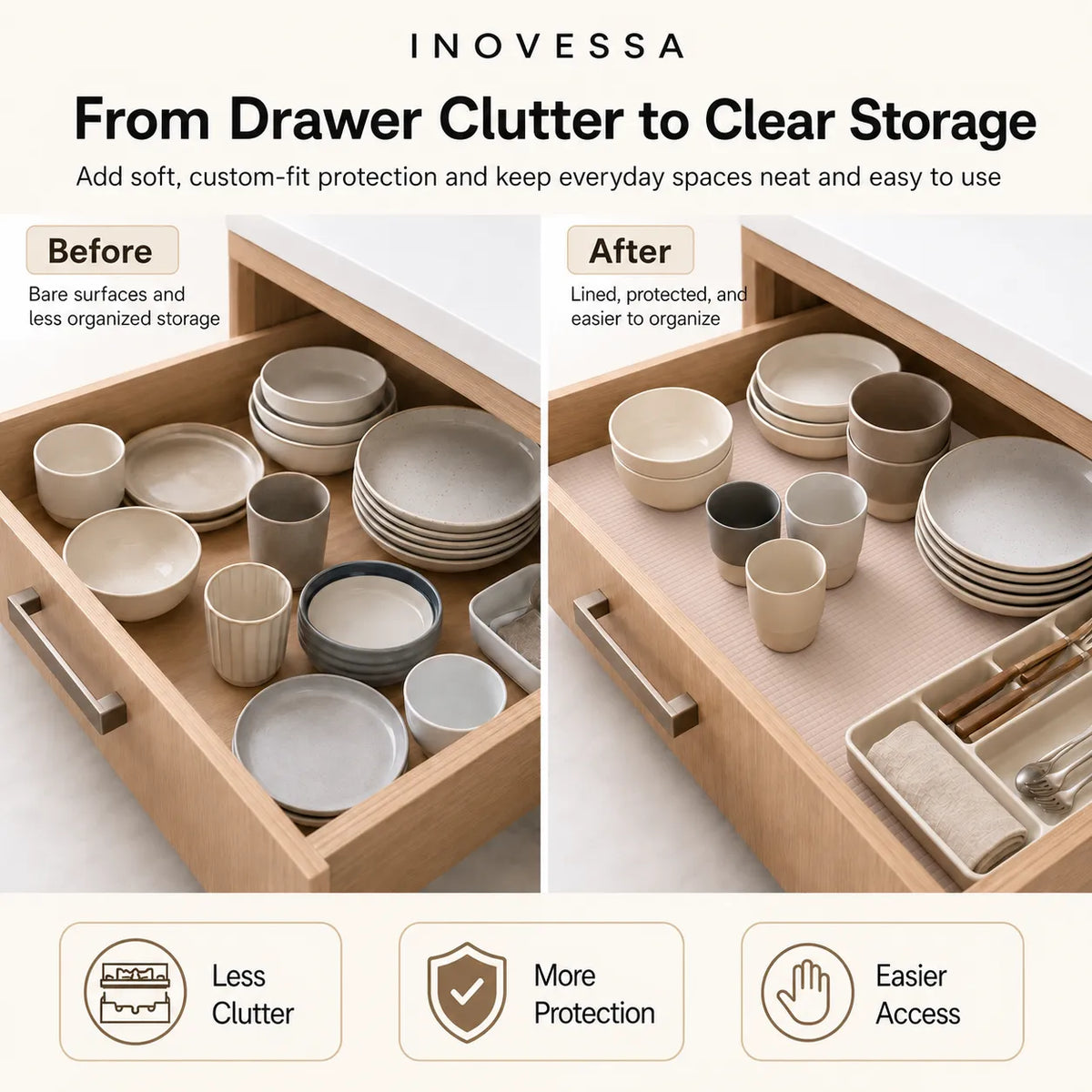 Inovessa drawer organization comparison showing a wooden drawer with dishes in two states: 'Before' with bare surfaces and 'After' with beige protective liners and tidy storage. The image includes marketing text and three benefit icons at the bottom.