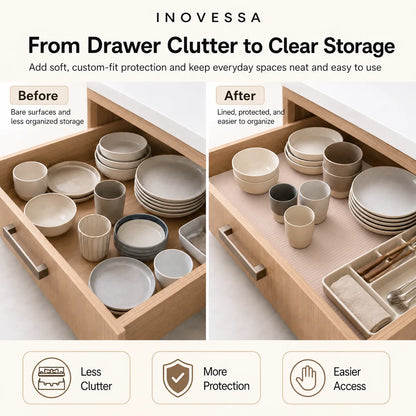 Inovessa drawer organization comparison showing a wooden drawer with dishes in two states: 'Before' with bare surfaces and 'After' with beige protective liners and tidy storage. The image includes marketing text and three benefit icons at the bottom.