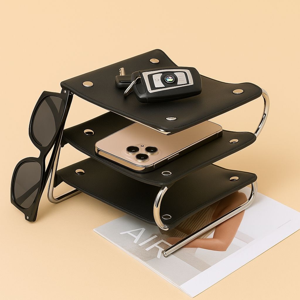 Leather office organizer with metal frame multi-level desktop storage for work essentials