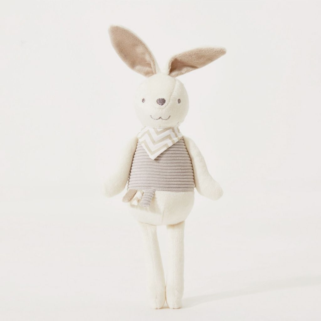 Soft plush bunny toy with floppy ears and decorative scarf, perfect baby stuffed animal for infants 0-3 years