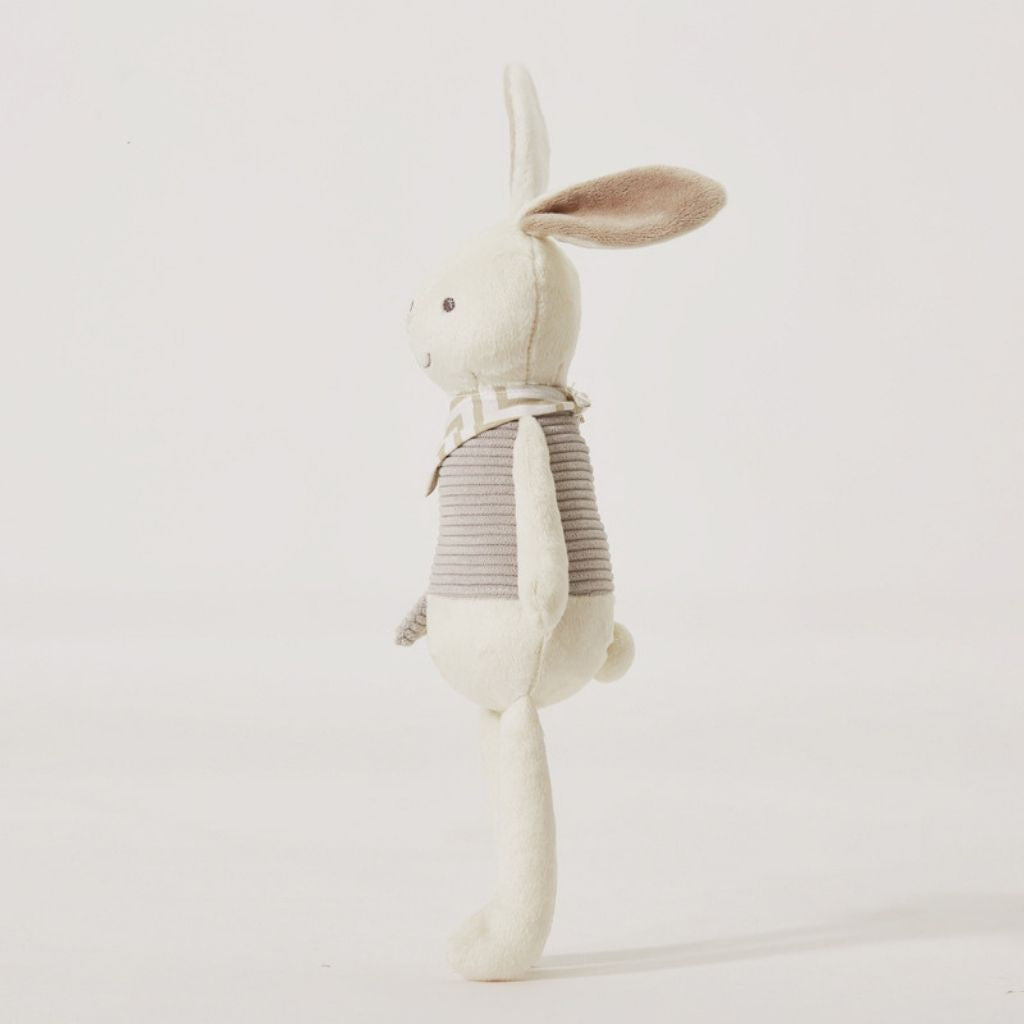 Cuddly bunny plush showing textured fabric design, safe washable toddler comfort toy with stitched features