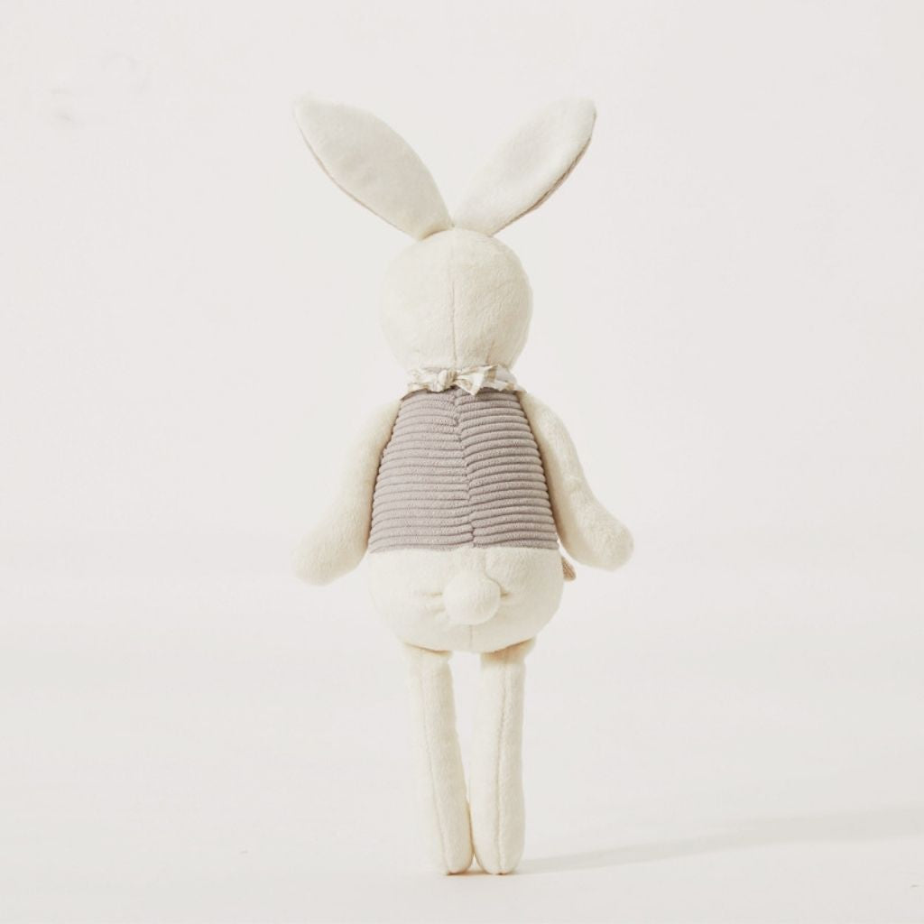 Complete view of soft bunny plush showing floppy ears and tail, premium toddler toy for ages 0-3 years