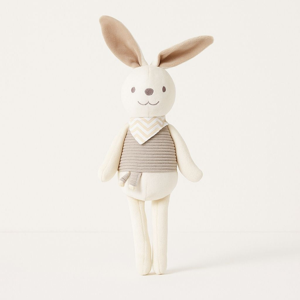 Detail view of plush bunny toy fabric texture and stitched face, safe infant comfort companion 26cm tall