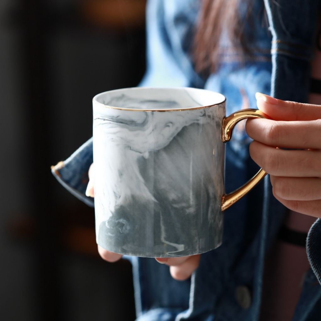  Marble ceramic mug with gold accent handle perfect for coffee tea and hot beverages daily use