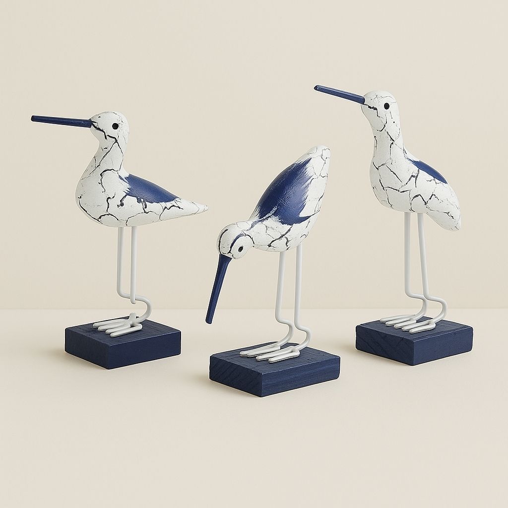 Wooden coastal decor bird sculpture set nautical art pieces handmade beach marine life