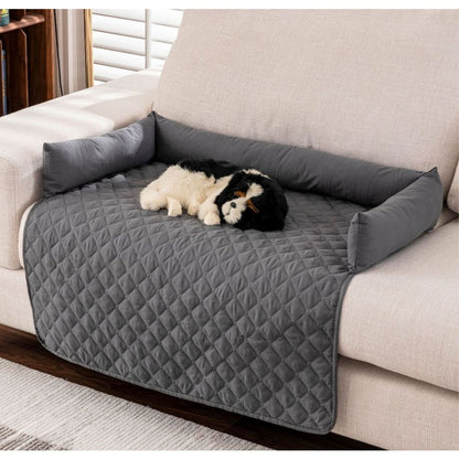 Non slip dog mat with bolster cushions protecting couch surface
