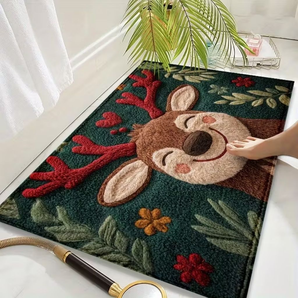 Holiday floor mat showing cartoon reindeer design for home entryway