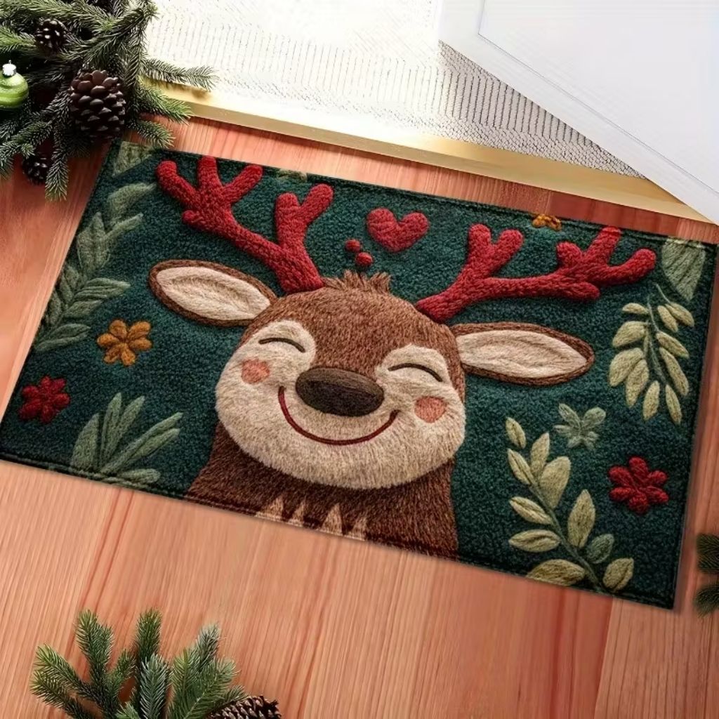 Christmas themed mat with red reindeer illustration on soft velvet
