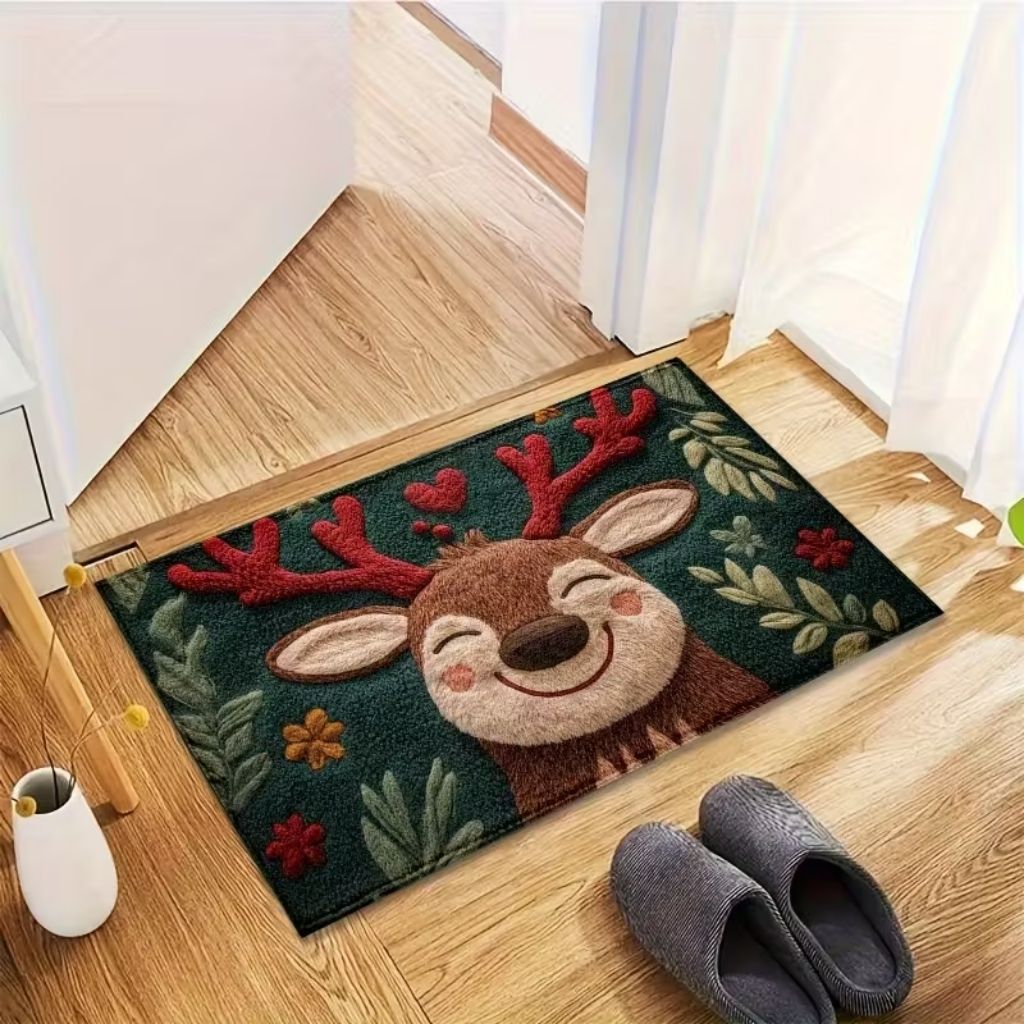 Polyester Christmas mat with printed reindeer character in square shape
