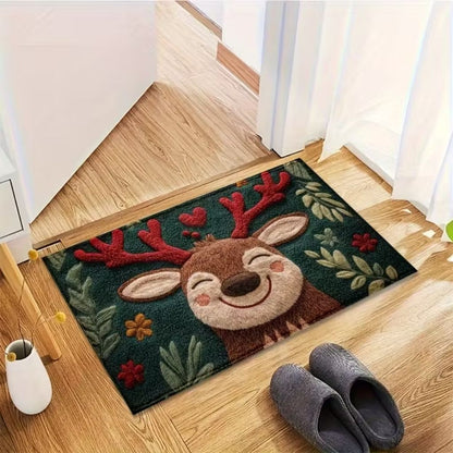 Polyester Christmas mat with printed reindeer character in square shape
