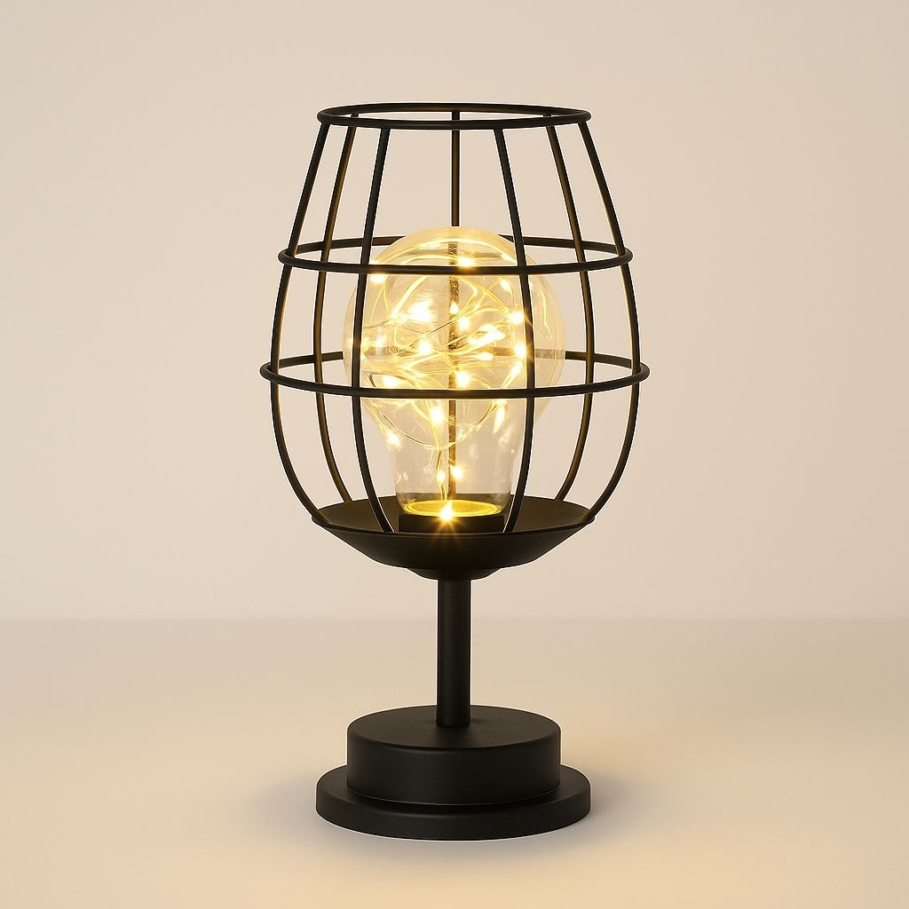 Black cage-style table lamp with a glowing light bulb on a beige background