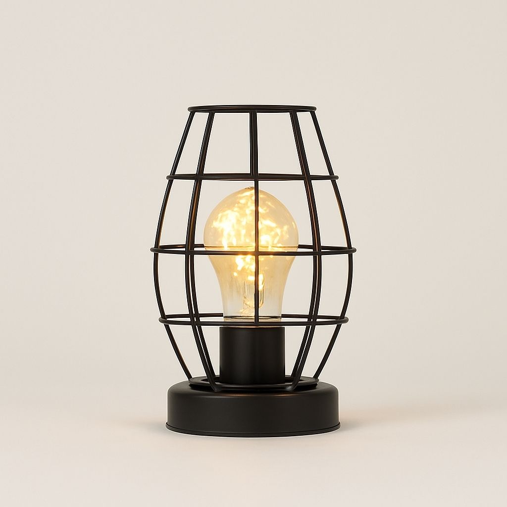  Metal cage LED table lamp with wire frame design, perfect for modern industrial home decor and ambient lighting