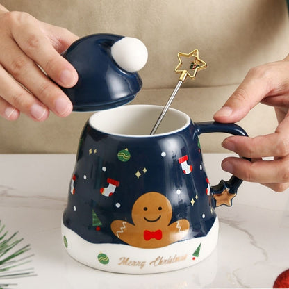 Rounded ceramic coffee mug with glossy finish and festive winter design
