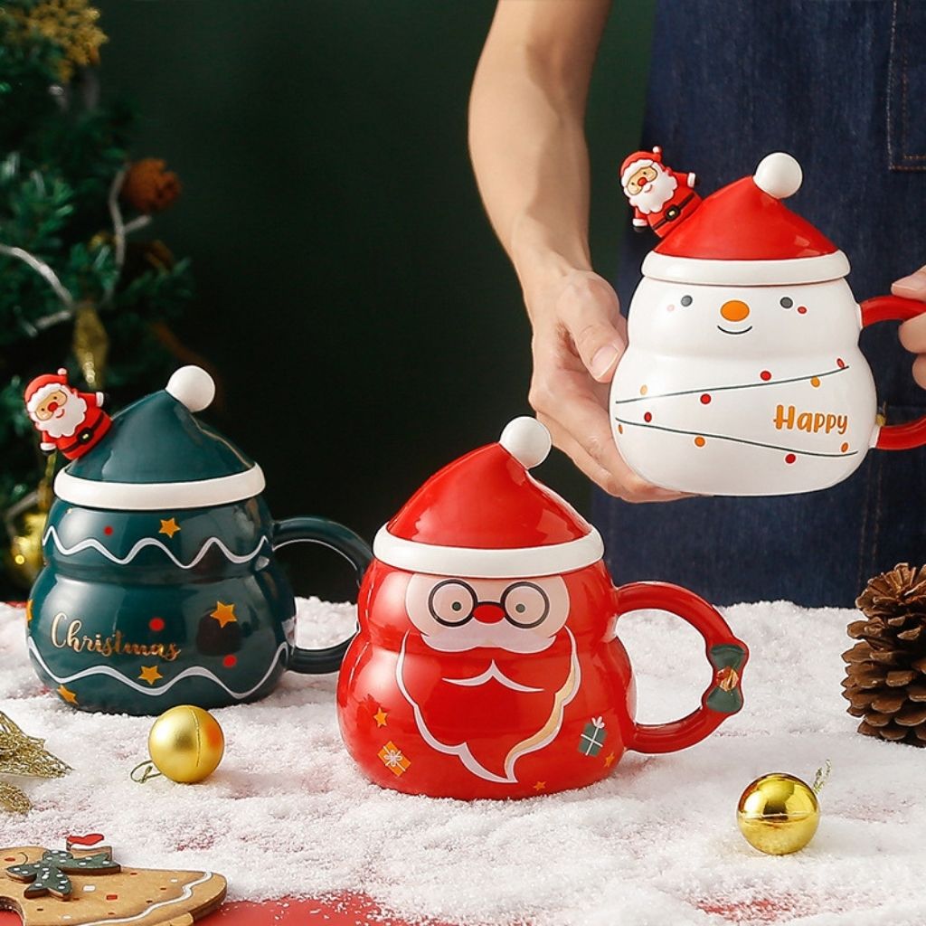 Ceramic storage mug with festive lettering and sculpted Santa, gift-ready scenario.