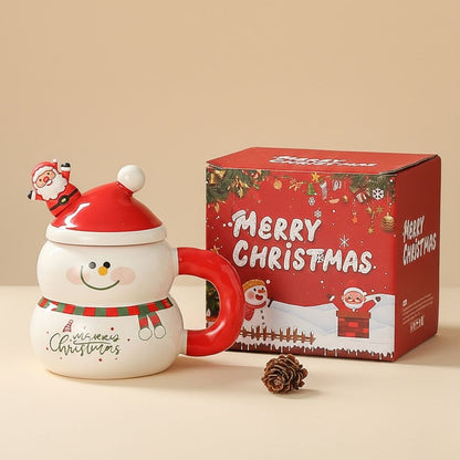 Ceramic Christmas mug with colorful lid and handle for holiday hot drinks