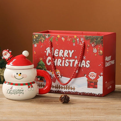 Holiday ceramic mug with matching lid and bright seasonal handle design
