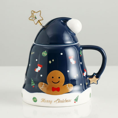 Ceramic mug with lid and spoon featuring holiday artwork on white background