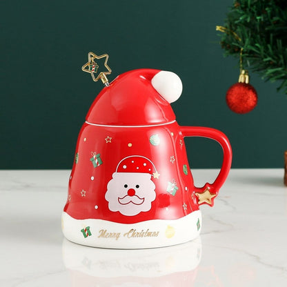 White ceramic drinkware with seasonal graphics and removable lid for keeping drinks warm