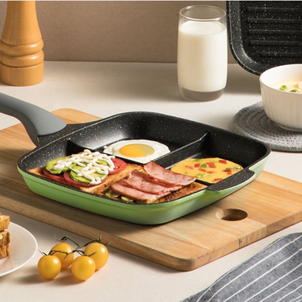 Compartment frying pan featuring ergonomic handle and non-stick surface for effortless breakfast cooking
