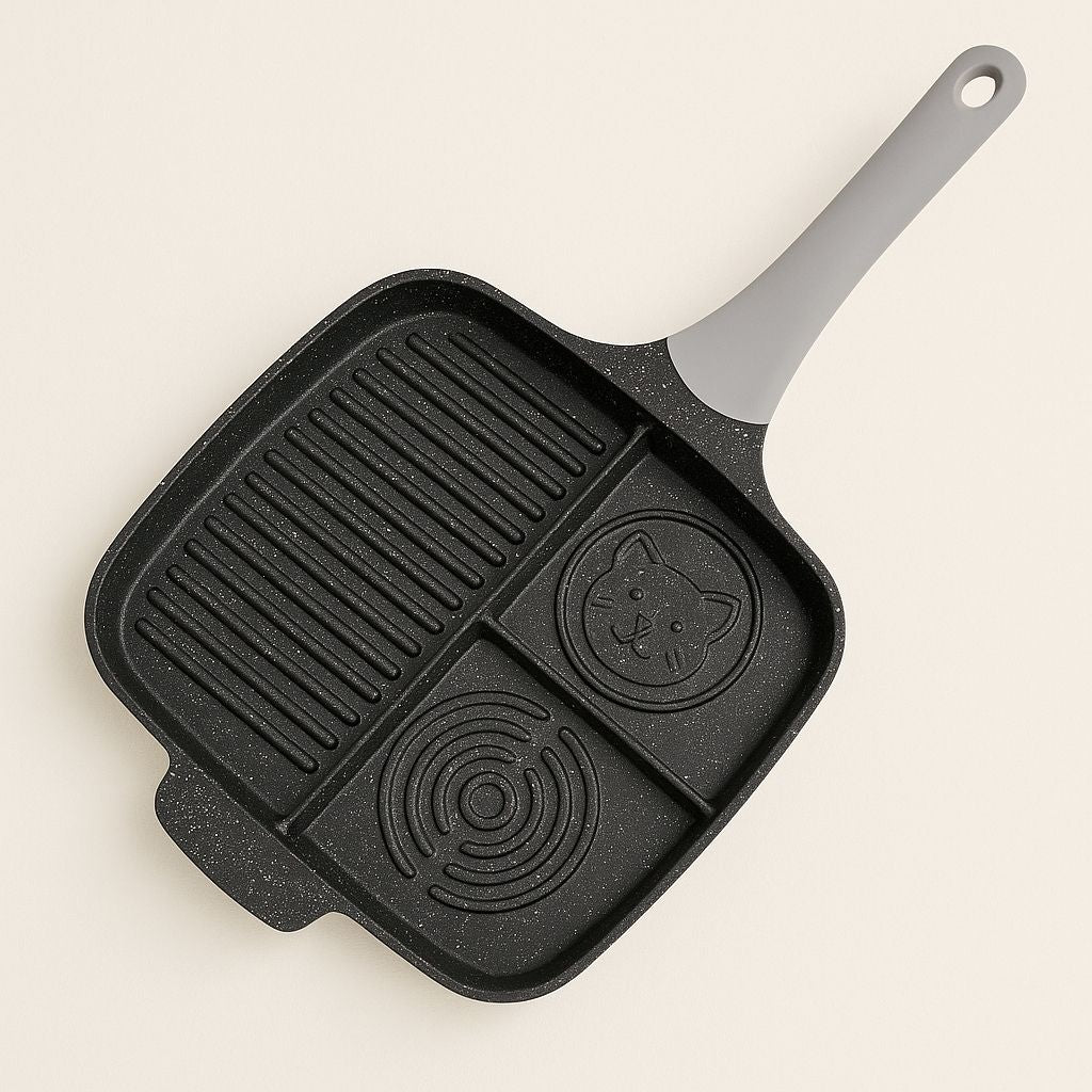 Multi-section frying pan with divided compartments for cooking eggs, sausages and vegetables simultaneously