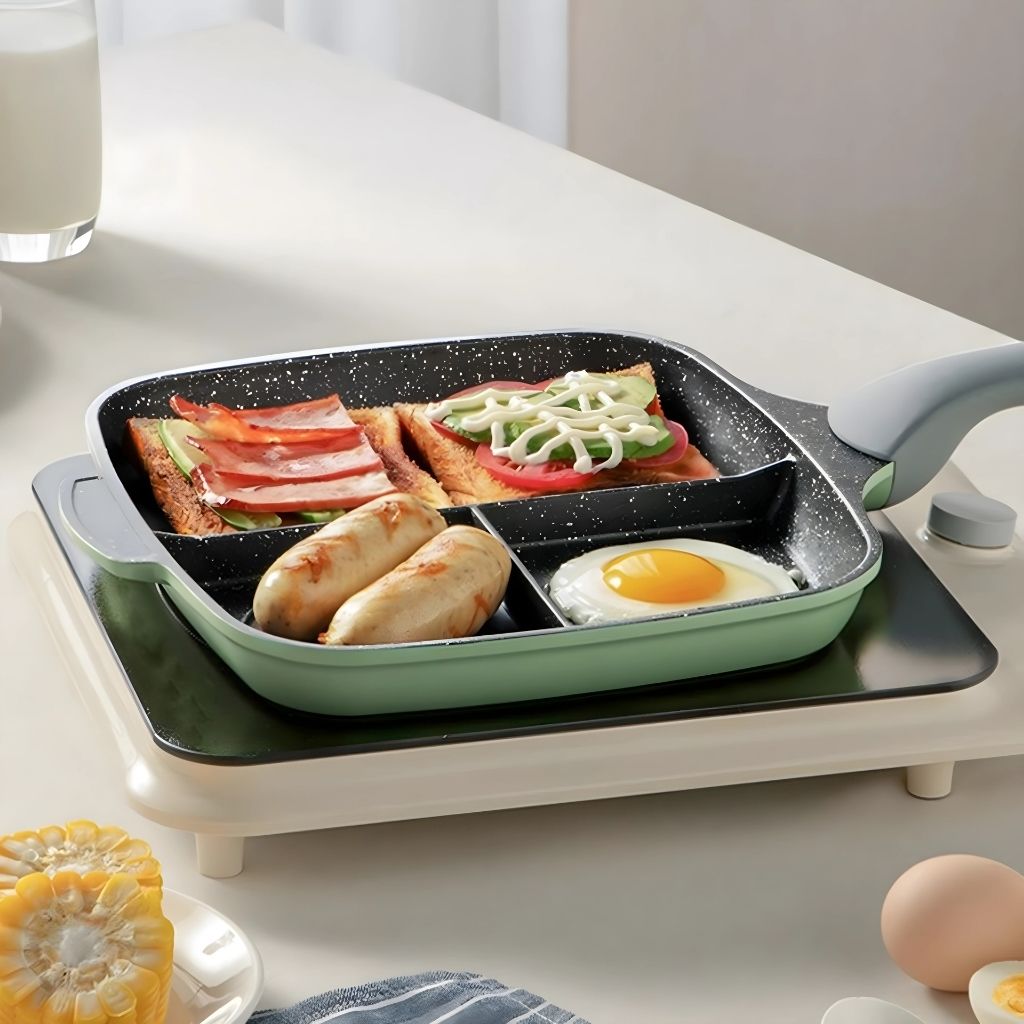 Sectioned frying pan designed for cooking different breakfast foods without flavor mixing or cross-contamination