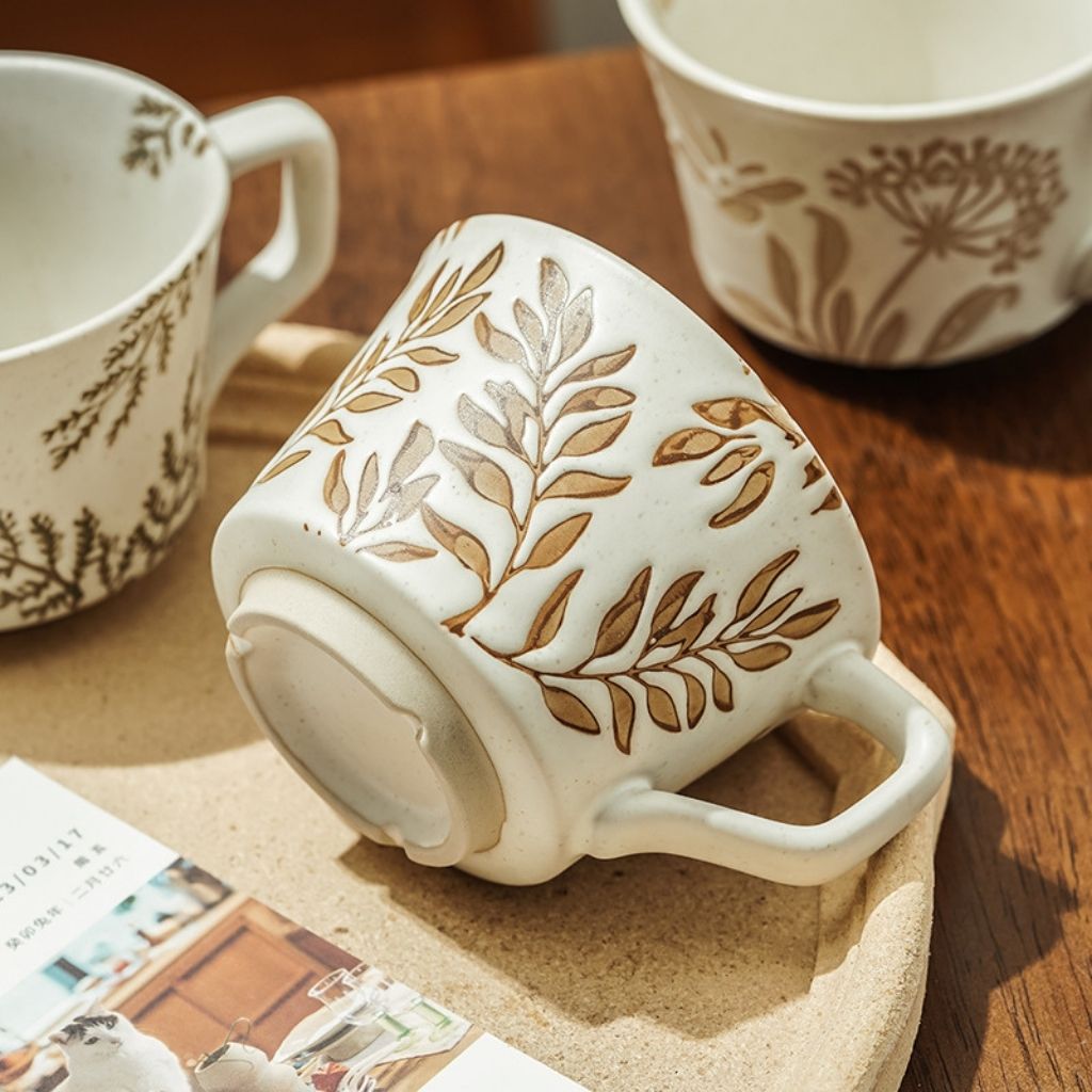 Hand painted Nordic ceramic coffee mug base, white porcelain with botanical motifs, 330ml capacity