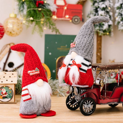 Red pointed hat gnome with plush polyester body and cloth outfit for festive shelf display