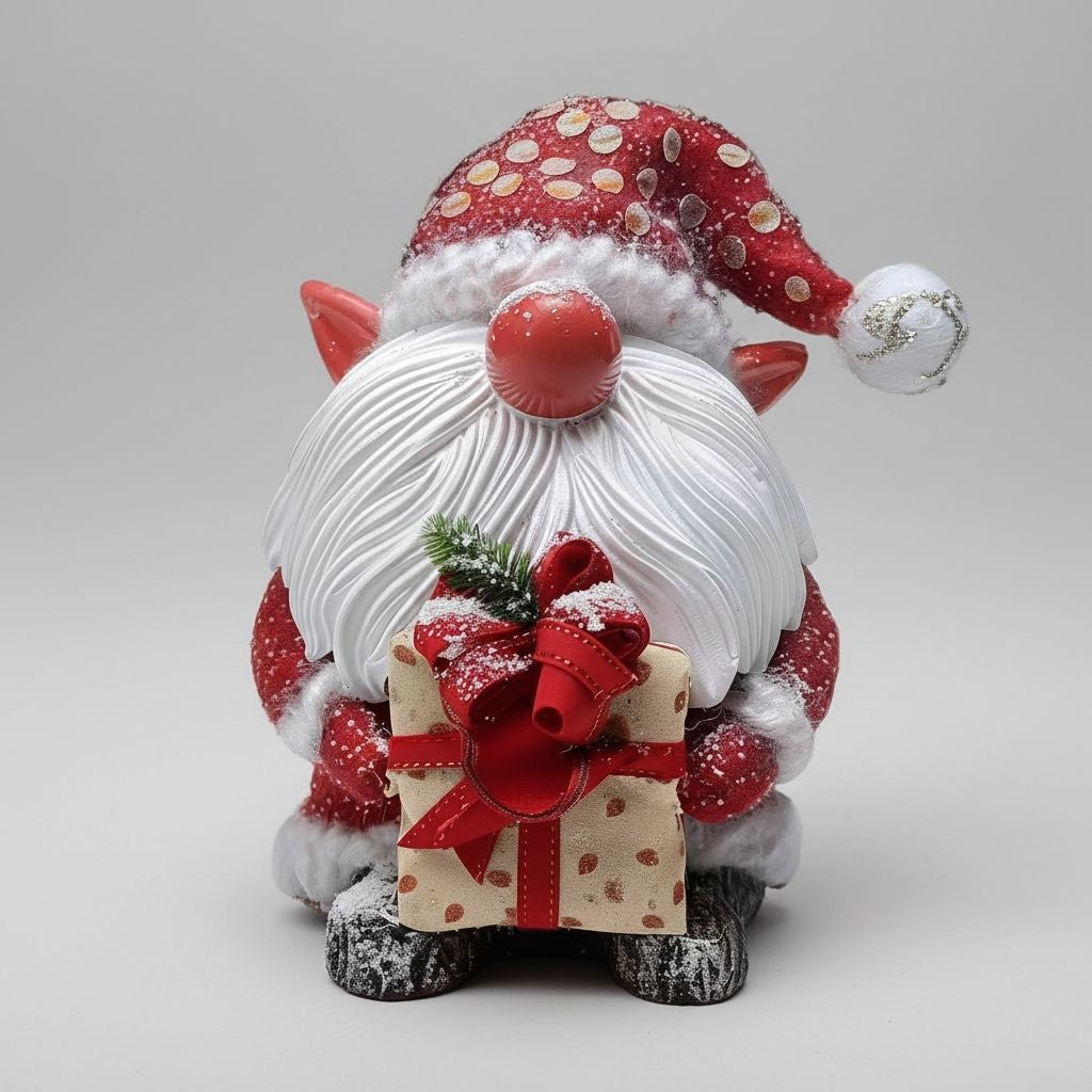 Resin gnome ornament with red hat and white beard holding wrapped gift
