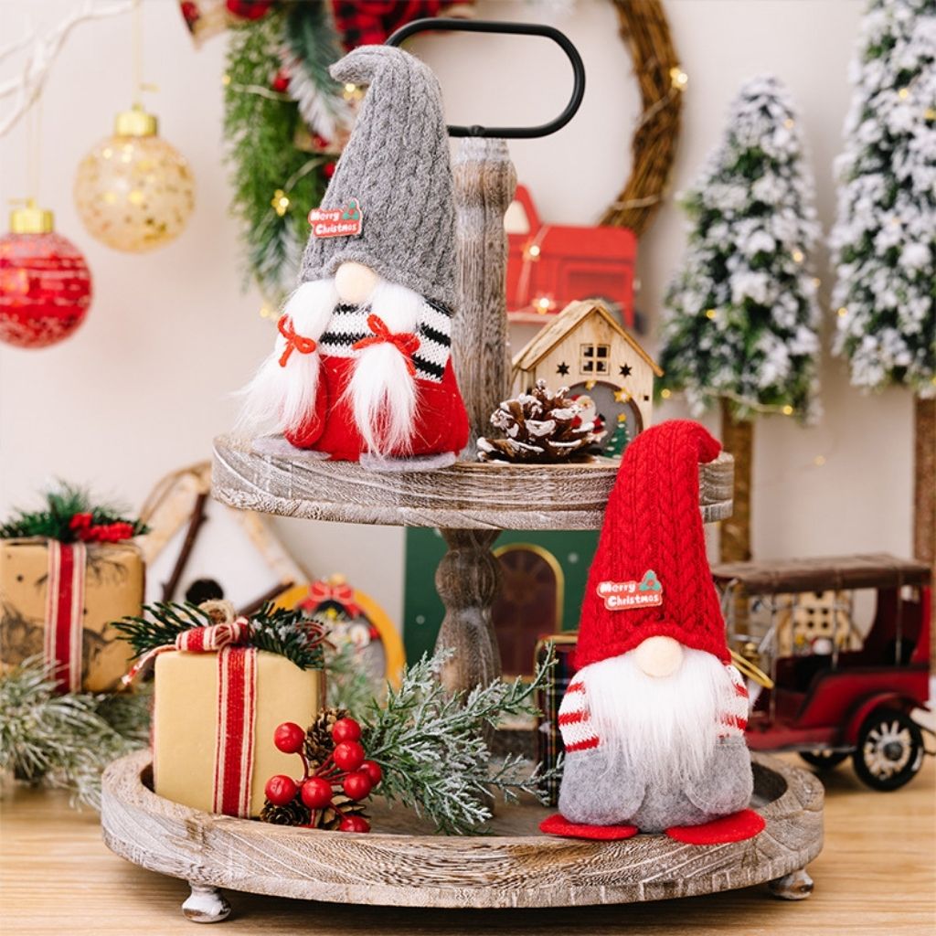 Knitted hat gnome figurine with textured fabric detail and handcrafted holiday charm