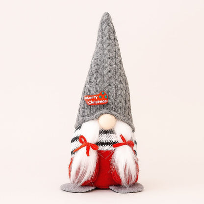 Gray knitted hat gnome with soft white beard and weighted base for stable tabletop placement