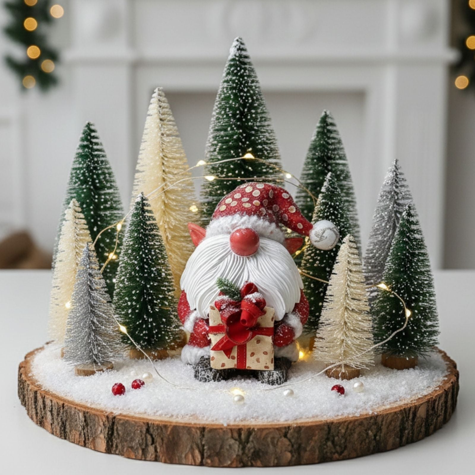 Christmas gnome figurine with snow dusted red cap and textured beard detail close up view
