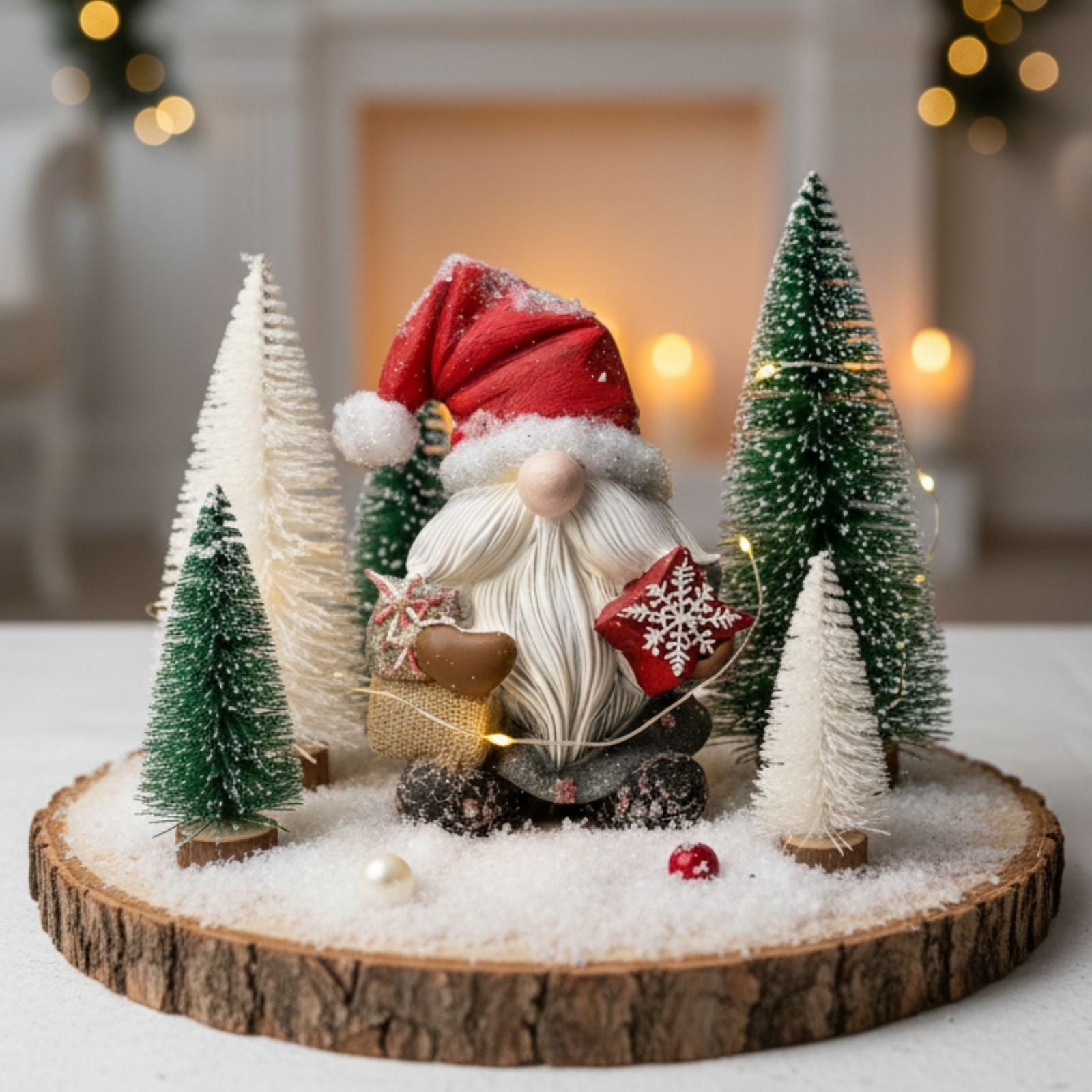 Holiday gnome decoration showing side profile with gift box and standing base