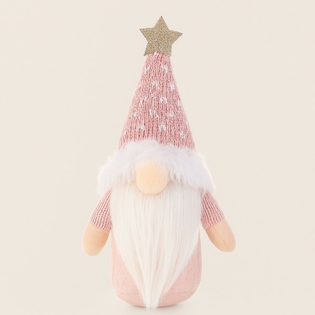 Cozy gnome figure ornament with faux beard and standing base for shelf display