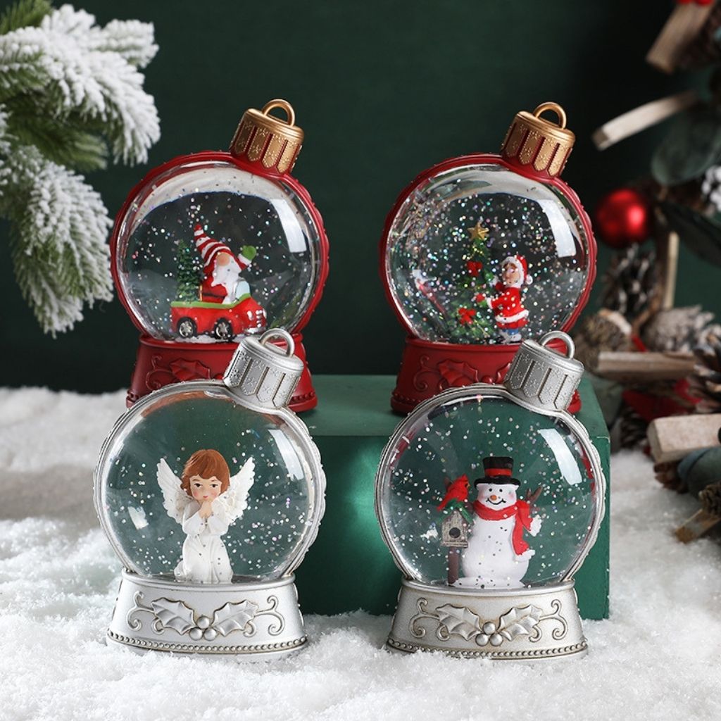 LED Christmas snow globe creating warm ambient glow for holiday decorating