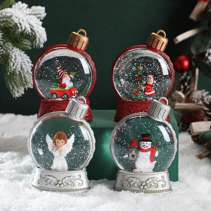 LED Christmas snow globe creating warm ambient glow for holiday decorating