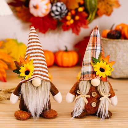 Faceless gnome ornaments in polyester cloth with harvest theme sunflower and maple leaf design