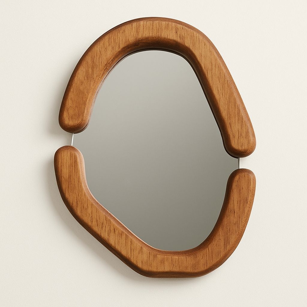 Wooden mirror with a unique curved design on a beige background