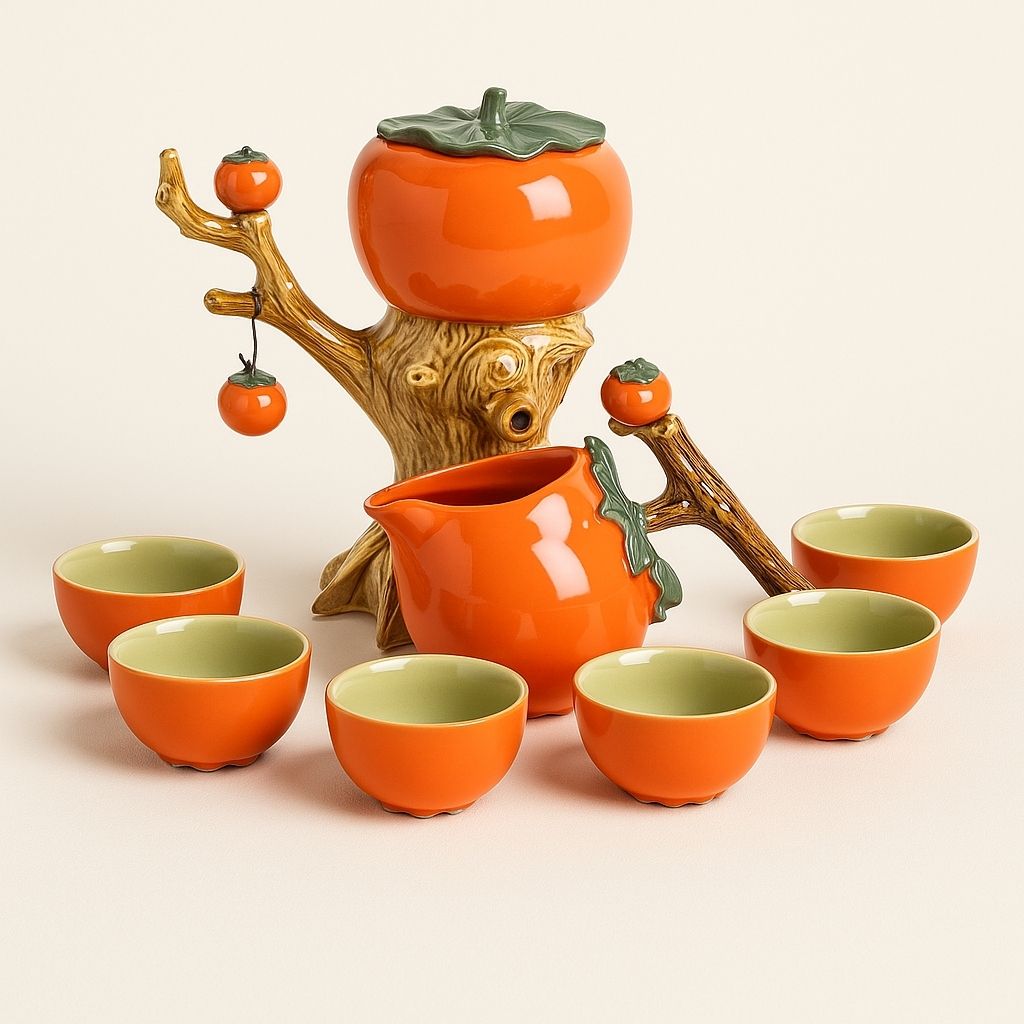 Persimmon ceramic tea gift set orange porcelain teapot with cups collectible tea ceremony accessories