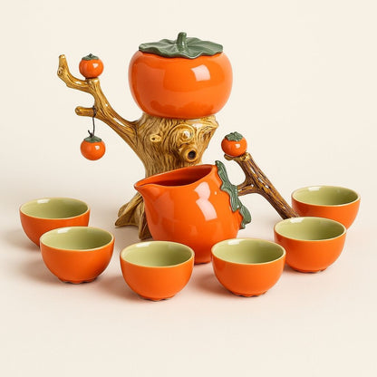 Persimmon ceramic tea gift set orange porcelain teapot with cups collectible tea ceremony accessories
