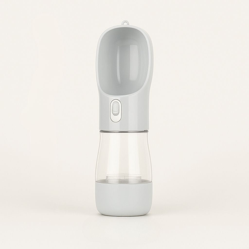 Stylish pet water bottles available in four colors: pink, blue, green, and grey for every pet owner