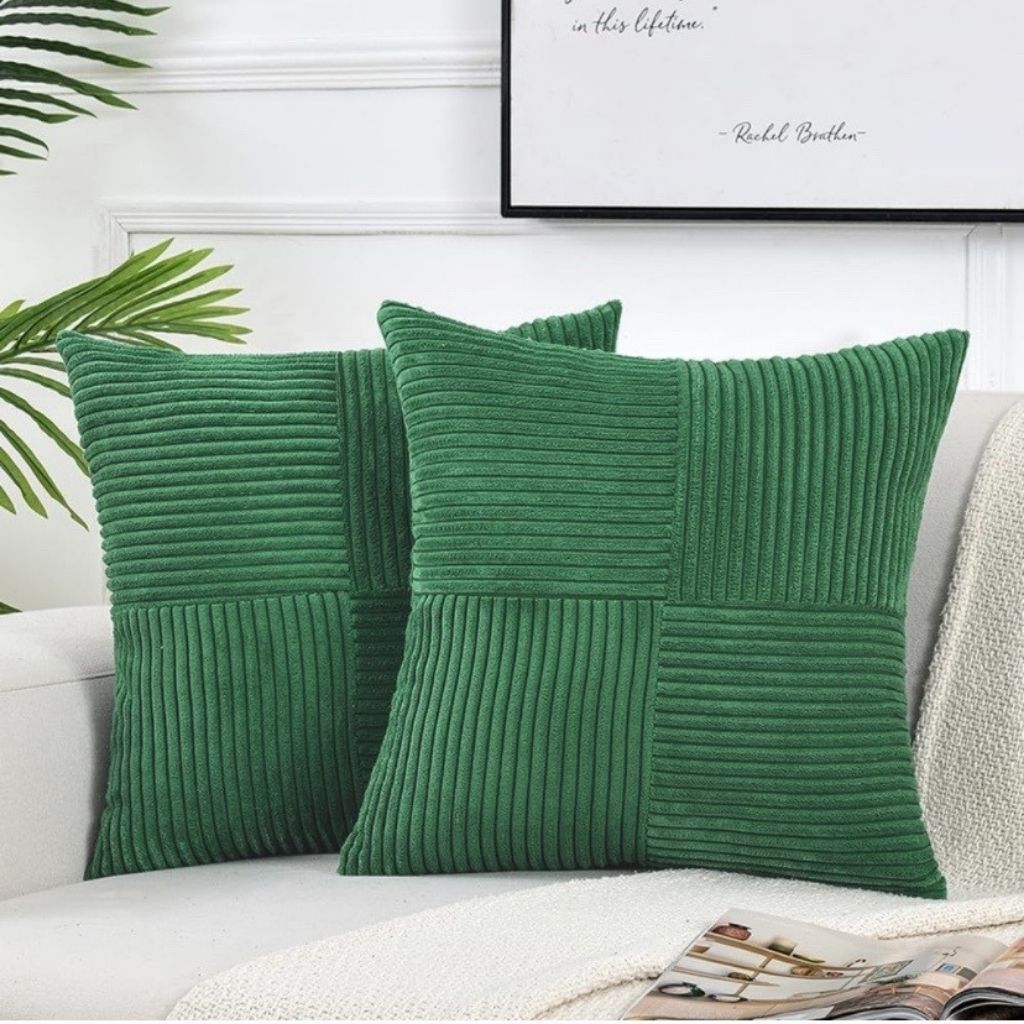 Minimalist corduroy cushion cover with distinctive patchwork style perfect for square pillow home accents