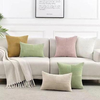 Patchwork corduroy pillow cover with sophisticated textured design enhancing home styling and decor