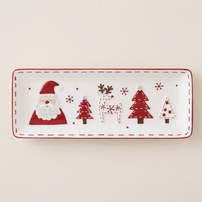 Rectangular ceramic platter with Christmas artwork and side handles for holiday appetizers