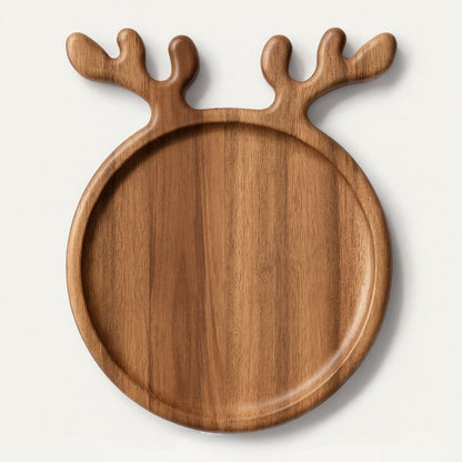 Wooden serving tray with carved antler handles and round surface for holiday snacks