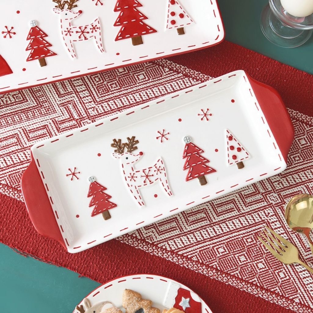 White rectangular platter with Christmas design for cookies and holiday treats