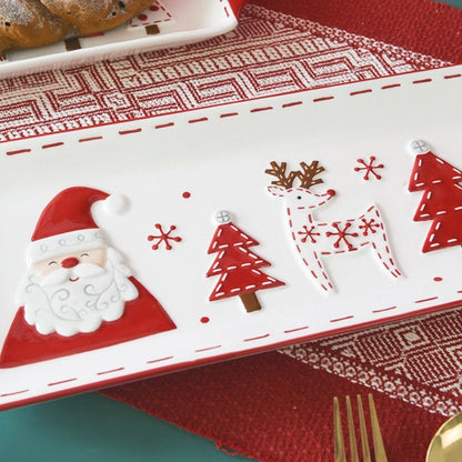 Ceramic serving dish with holiday motifs and handles for seasonal entertaining
