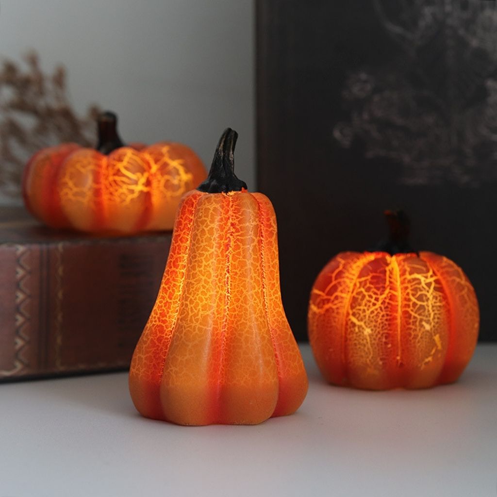 Battery powered Halloween pumpkin decorations with LED lights for fall seasonal displays