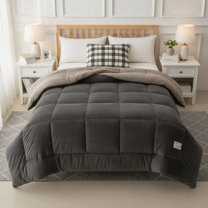 Velvet winter quilt with lambswool interior lining displayed on white background