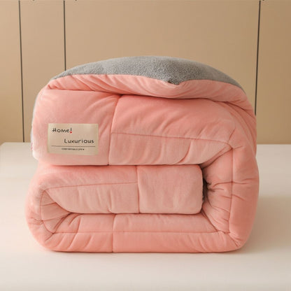 Winter velvet quilt with lambswool filling arranged for size and thickness display